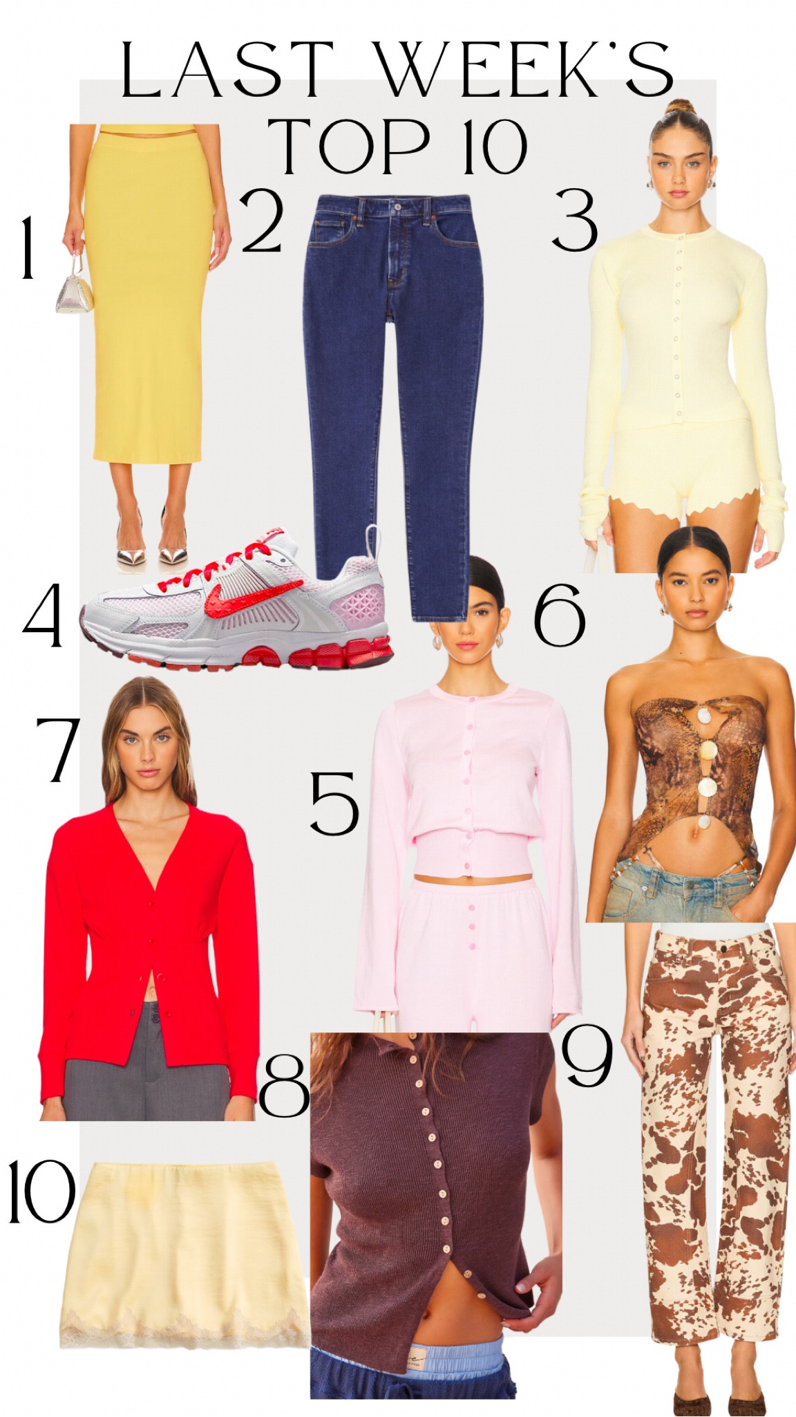Last weeks best sellers!

1. Love a maxi, love yellow, love this skirt 💛
2. A staple pair of jeans for me! I wear 24L
3. Another perfect cardigan in the prettiest color
4. I love these shoes! They are from the kid section but they are cheaper and feel exactly the same!
5. I am having a thing for cardigans and I love this cutie pink one, especially in the set🩷
6. This top is perfect for vacay! More revealing but I love the shells
7. Can you tell i have a thing for cardigans lately? Hah
8. Perfect top for layering or on its own
9. Obsessed with the print and style! They’re perfect🙌🏻
10. Satin mini skirt in my favorite color! Obsessed 

#LTKStyleTip #LTKShoeCrush