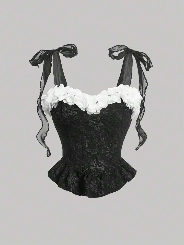 SHEIN MOD Plus Size Black Jacquard 3D Floral Lace Camisole Top With Ruffle Hem And Bow Detailing | SHEIN