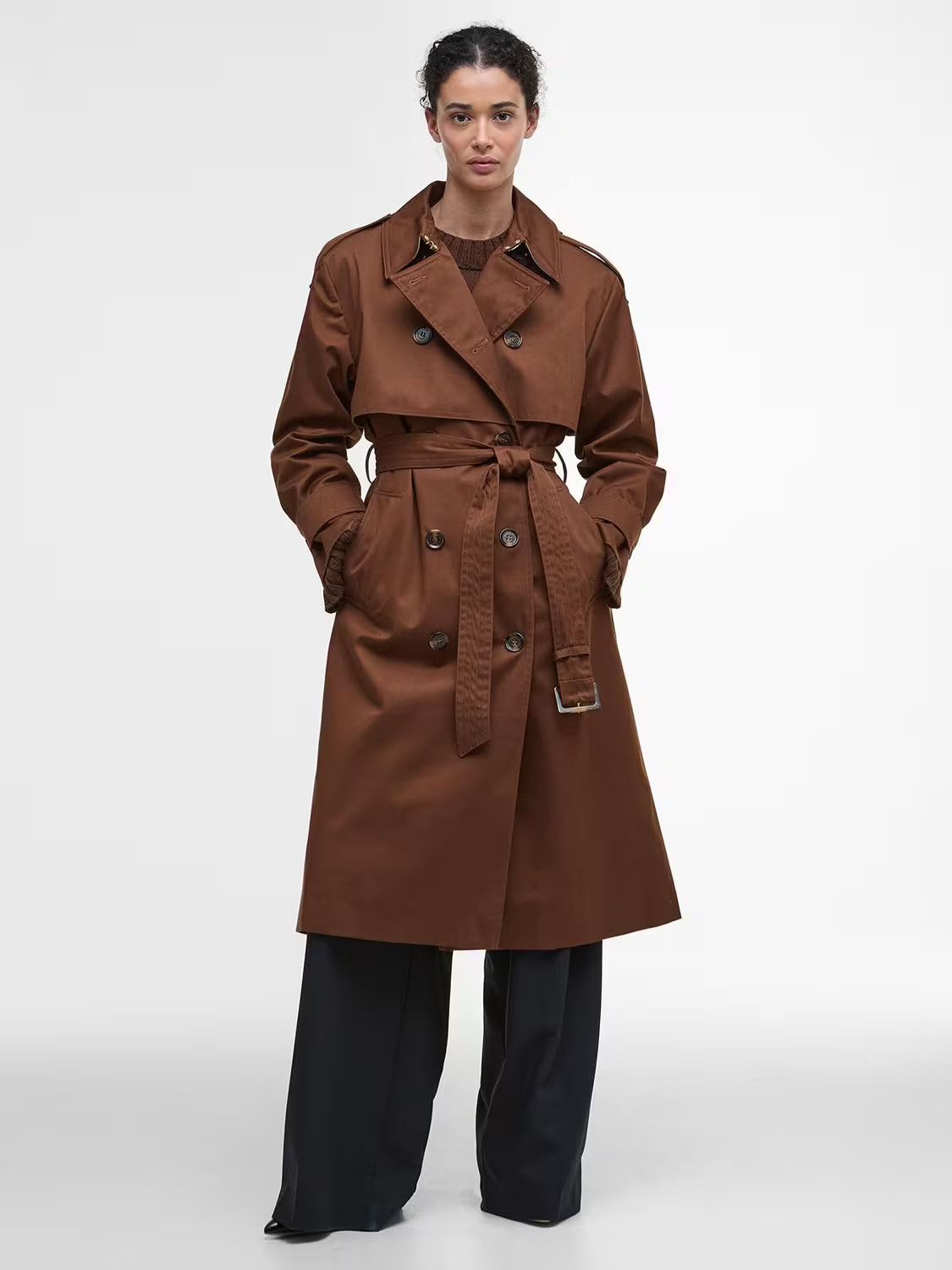 Barbour Aoife Showerproof Trench Coat, Vicuna/Hessian Tartan | John Lewis (UK)