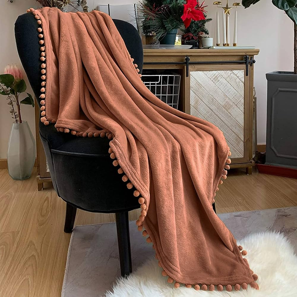 LOMAO Flannel Blanket with Pompom Fringe Lightweight Cozy Bed Blanket Soft Throw Blanket fit Couc... | Amazon (US)