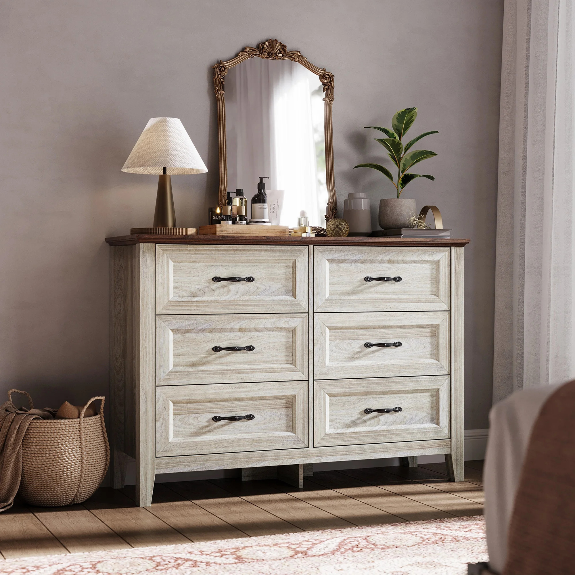 LINSY HOME Dresser for Bedroom, Long Dresser with 6 Drawers and Antique Handles, Chest of Drawers... | Walmart (US)