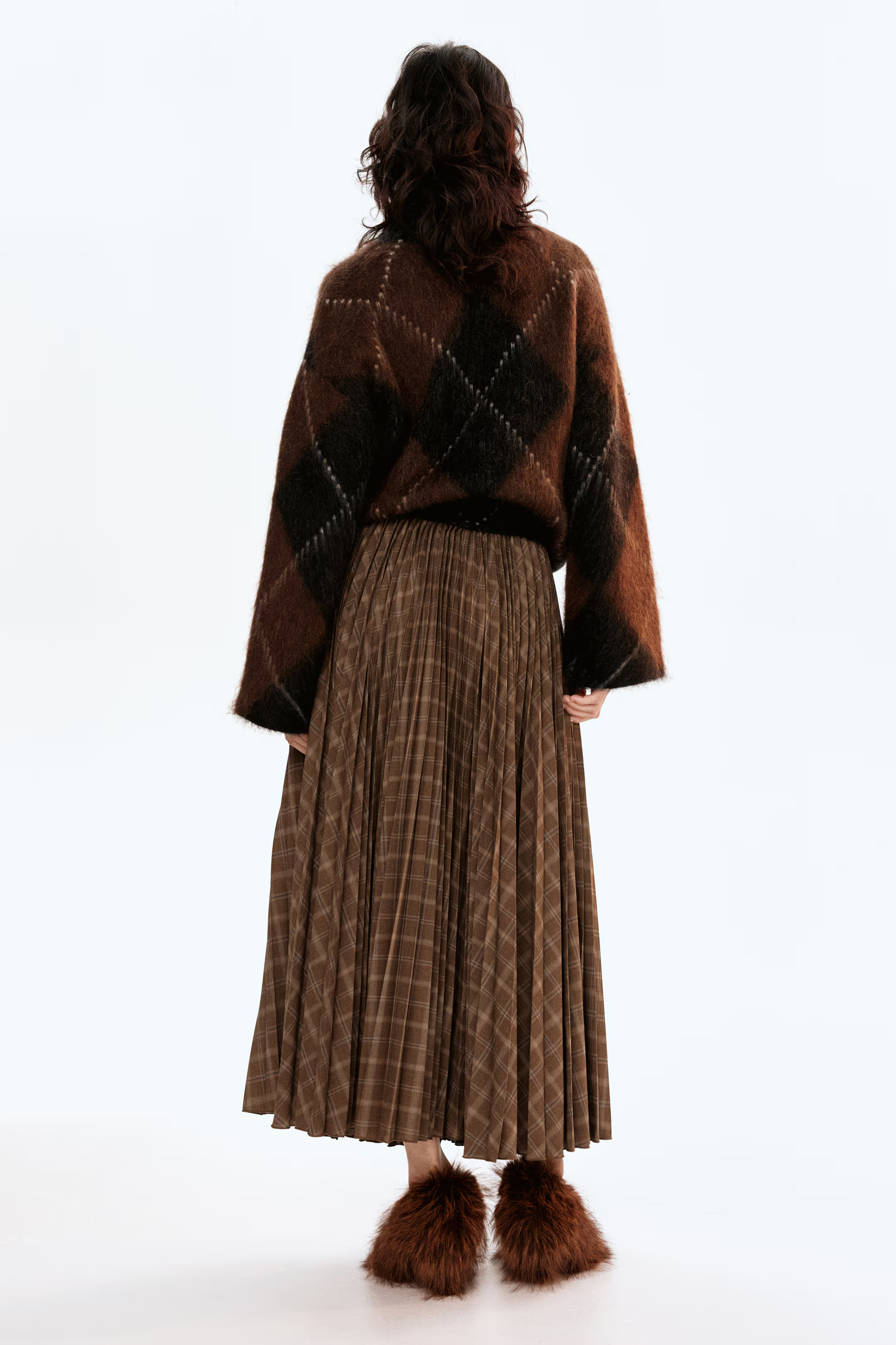 Pleated circular skirt - Dark beige/Checked - Ladies | H&M GB | H&M (UK, MY, IN, SG, PH, TW, HK)