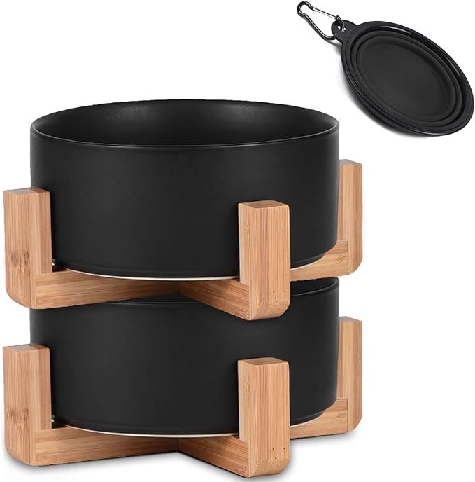Petygooing 5.1 Inch Black Ceramic Dog and Cat Bowls with Wood Stand for Food and Water, Weighted ... | Amazon (US)