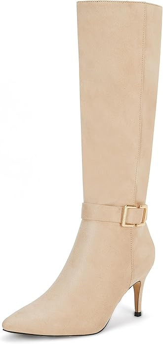 Coutgo Womens Knee High Boots Stiletto Heels Suede Pointed Toe Wide Calf Metal Buckle Side Zipper... | Amazon (US)