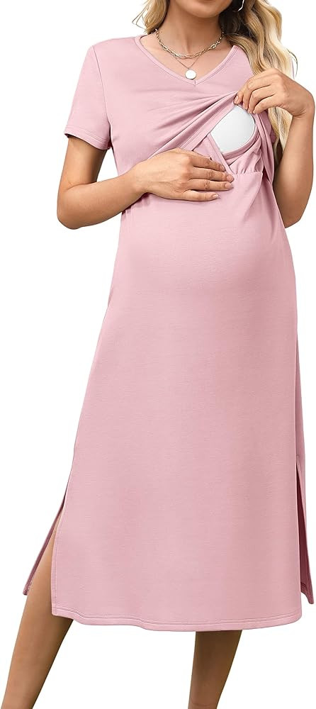 OUGES Womens 2025 Summer Short Sleeve Maternity Nursing Dress V Neck Breastfeeding Split Pregnanc... | Amazon (US)