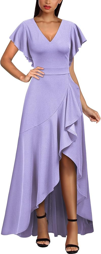 Miusol Women's Formal V Neck Ruffle Split Evening Party Long Dress | Amazon (US)