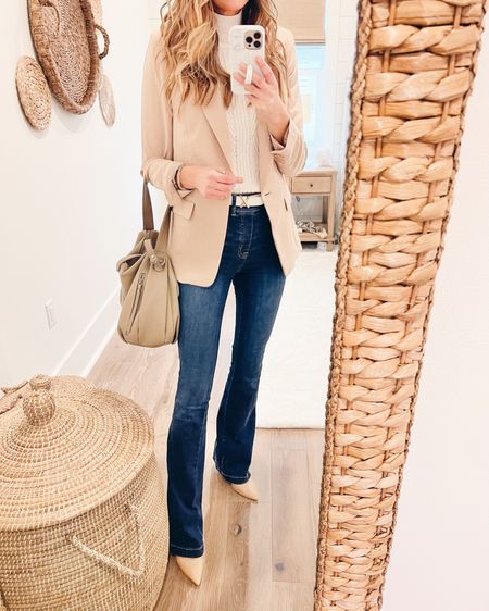 Business casual outfit and home decor.  Xs tall jeans - use code RACHELXSPANX for a discount.  Xs blazer and belt.  Heels true to size.  

#LTKsalealert #LTKworkwear #LTKhome