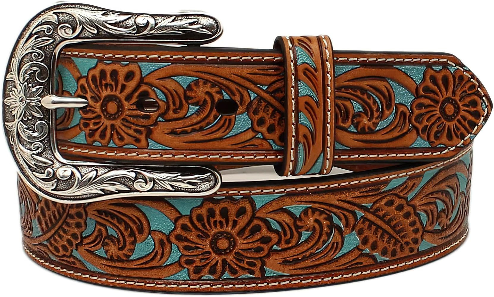 ARIAT Women's Floral Pierced Genuine Leather Belt with Turquoise Underlay | Amazon (US)