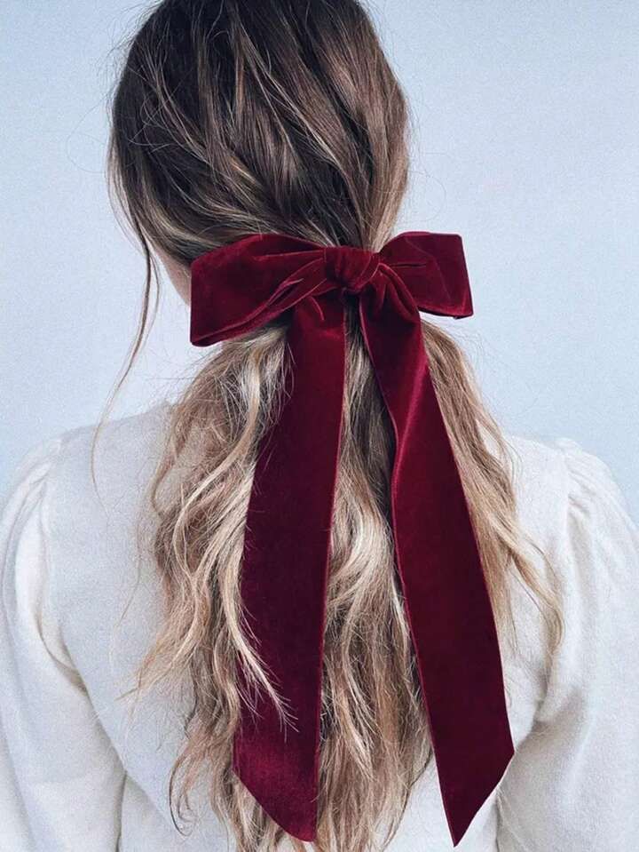 1pc Women's Velvet Long Ribbon Red Bow Hair Clip, Vintage Elegant Fashion Hair Accessory For Dail... | SHEIN