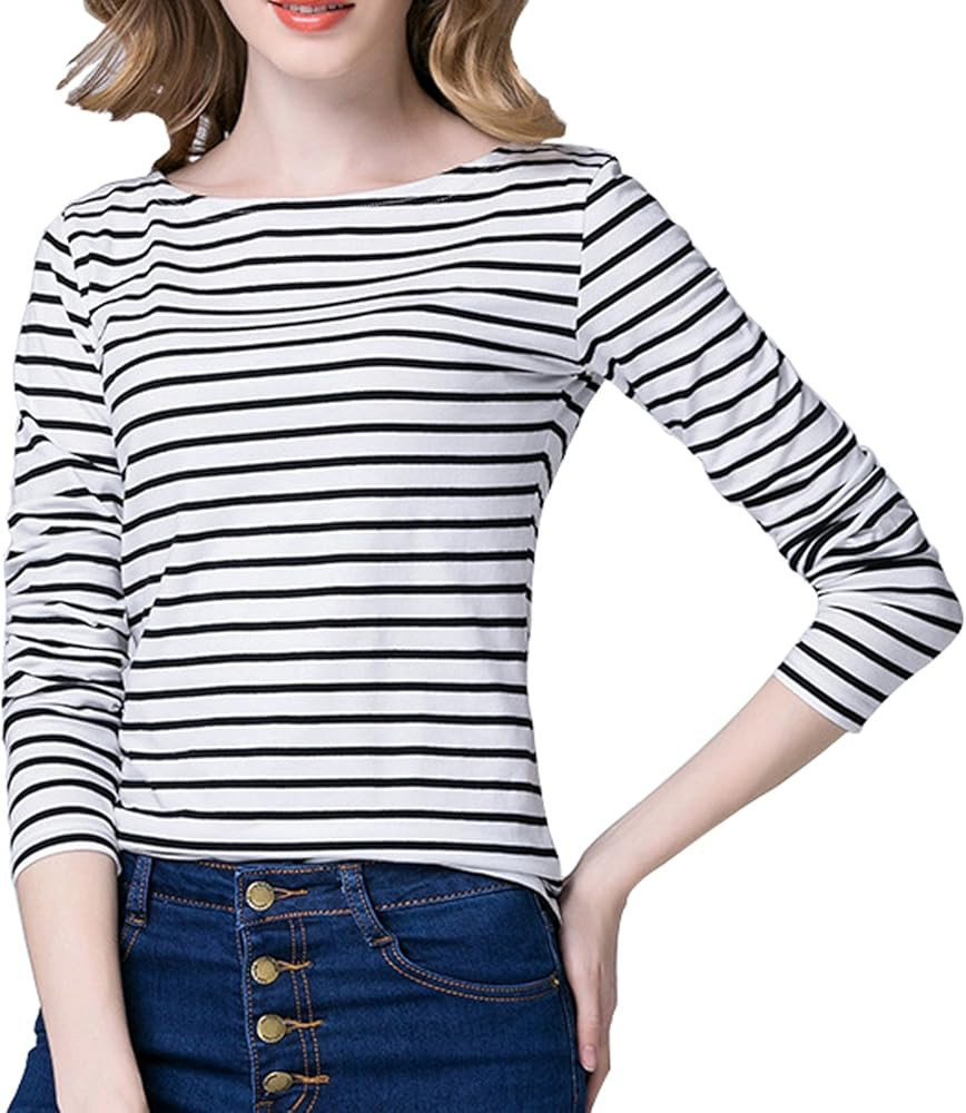 Tulucky Women's Casual Long Sleeve Shirts Stripe Tees Round Neck Tank Tops | Amazon (US)