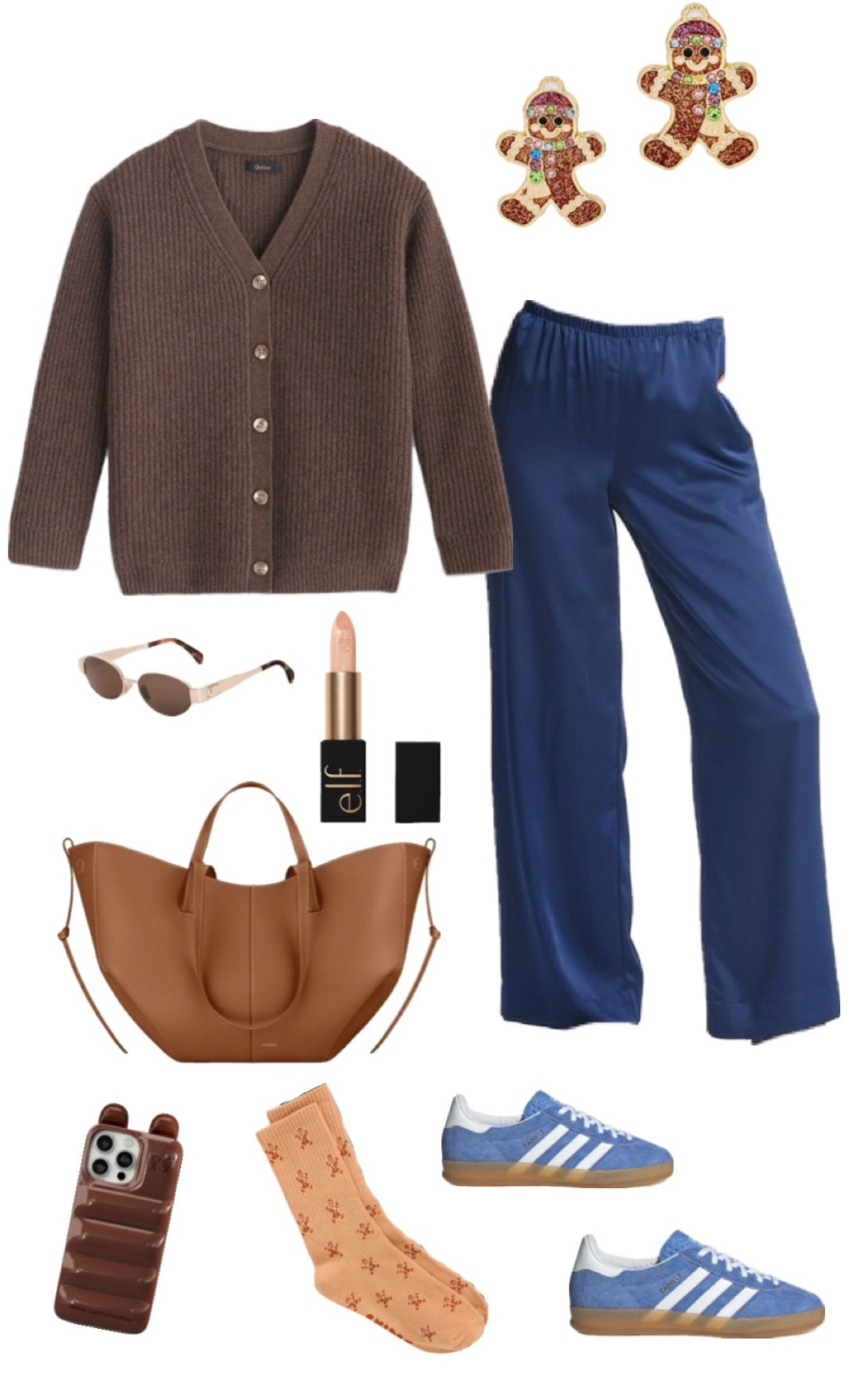 Casual winter outfit, cardigan, navy silk satin wide leg pants, gingerbread earrings, adidas

#LTKTravel #LTKHoliday #LTKSeasonal