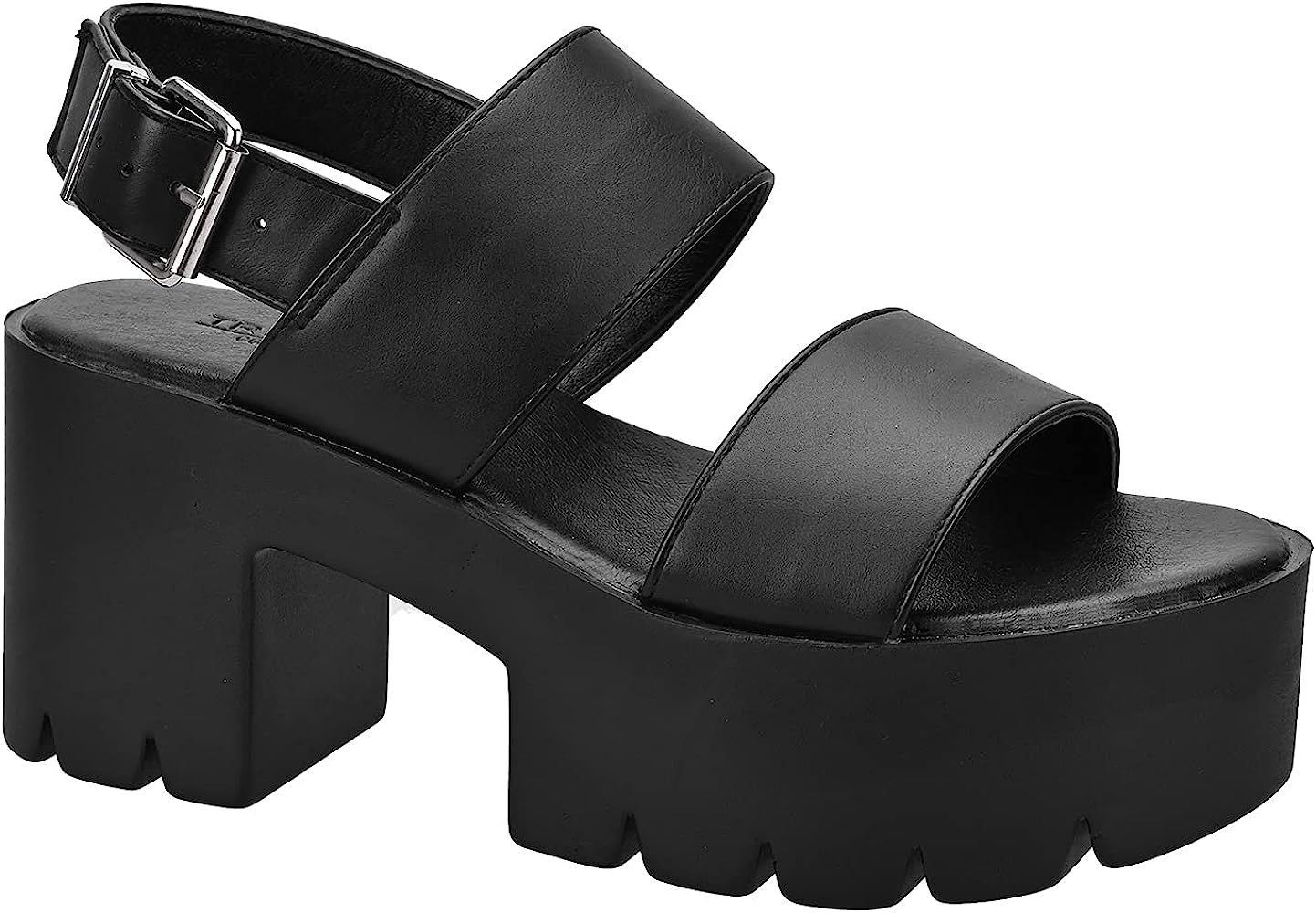 READYSALTED Double Wide Band Ankle Strap Buckle Sling Universal Chunky Mid Heel Platform Sandals for | Amazon (US)