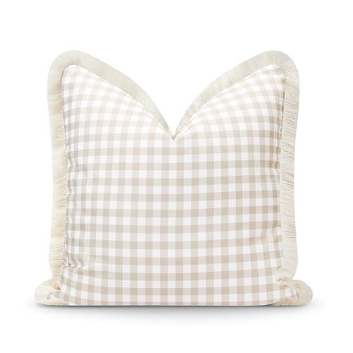 Hofdeco Premium Fall Coastal Patio Indoor Outdoor Pillow Cover Only, 20"x20" Water Repellent for Backyard, Couch, Neutral Tan Gingham Fringe | Amazon (US)