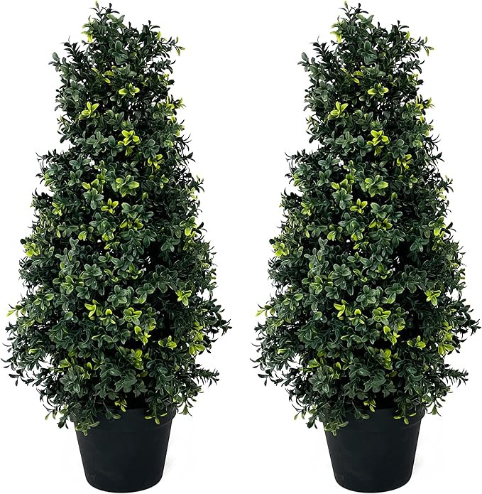 Two Artificial UV Rated 30" Boxwood Cone Topiary w/Pot, Silk Tree Warehouse Indoor Outdoor Tree B... | Amazon (US)