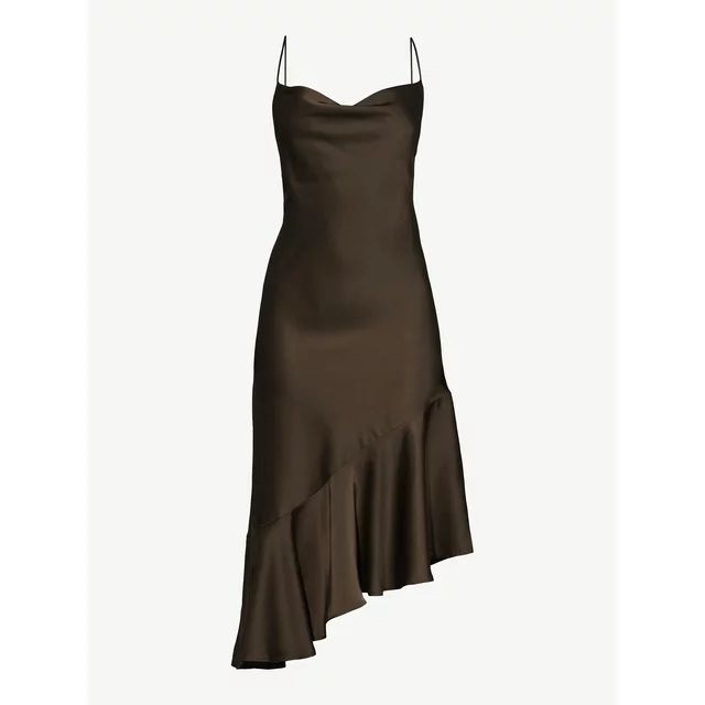 Scoop Women’s Asymmetrical Satin Ruffle Cami Dress, Sizes XS-XXL | Walmart (US)