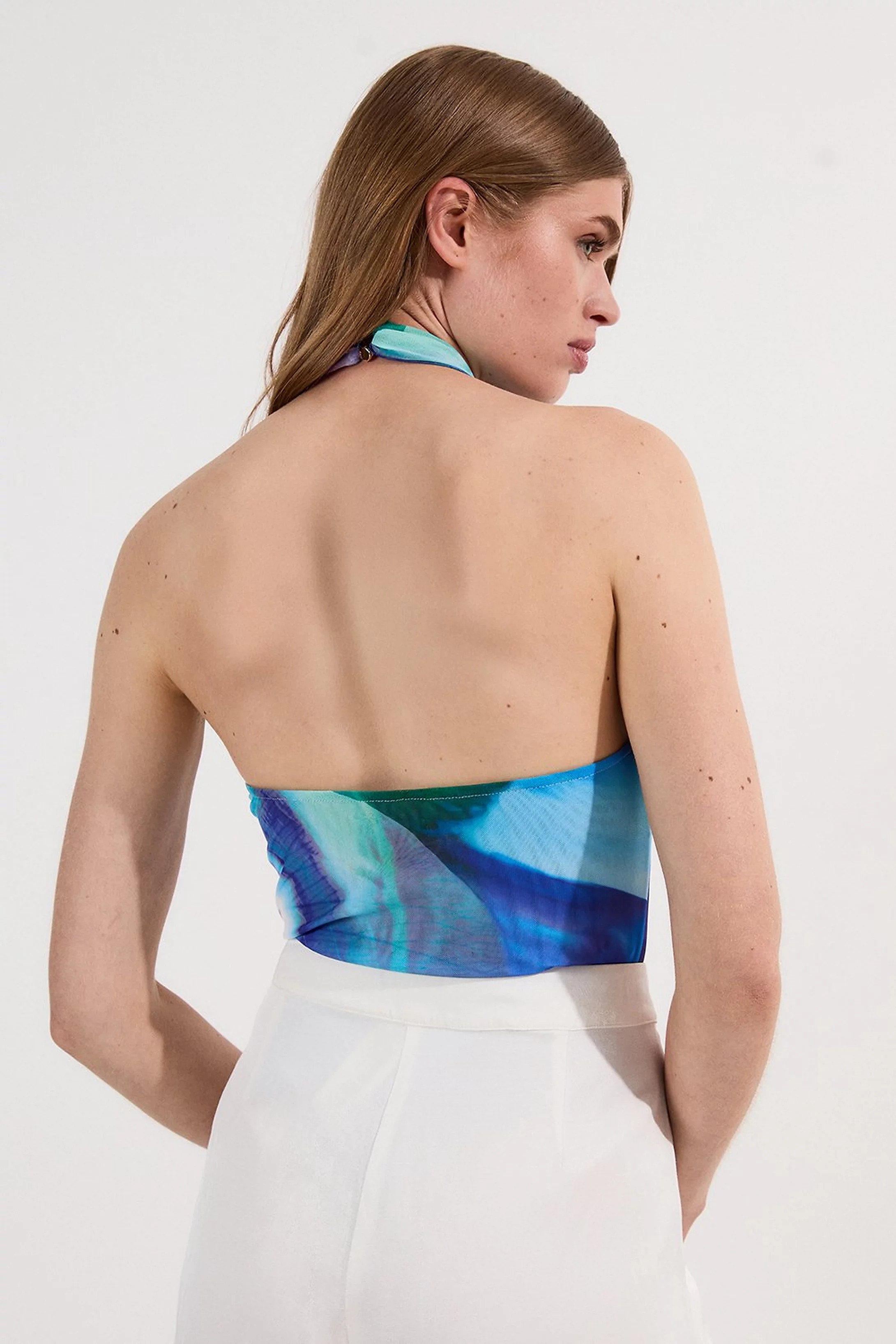 Printed Mesh Cross Neck Bodysuit | Karen Millen UK + IE + DE + NL