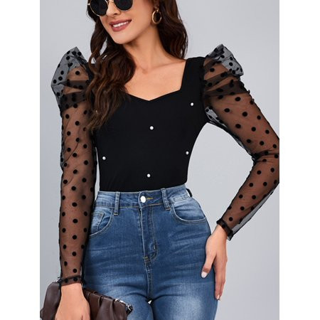 Women s Pearls Beaded Dobby Mesh Panel Gigot Sleeve Top 2022 S(4) Black Elegant F046D | Walmart (US)