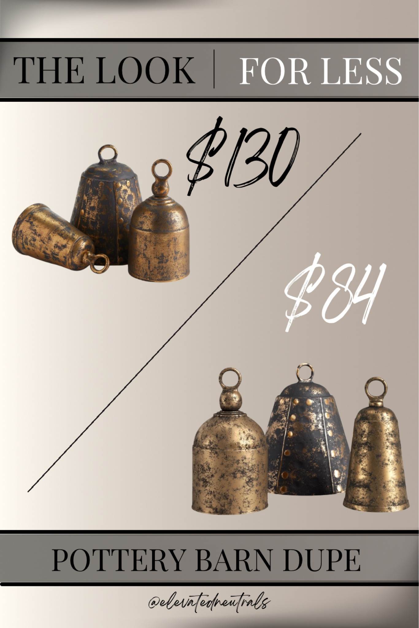 These rustic, distressed antique bells are the perfect addition to your shelving unit. 
The ones I found from Wayfair look identical to the pottery barn ones but you save almost $50 bucks! 

Follow along for more looks for less!

Traditional Decor | Coffee Table Decor

#LTKHome