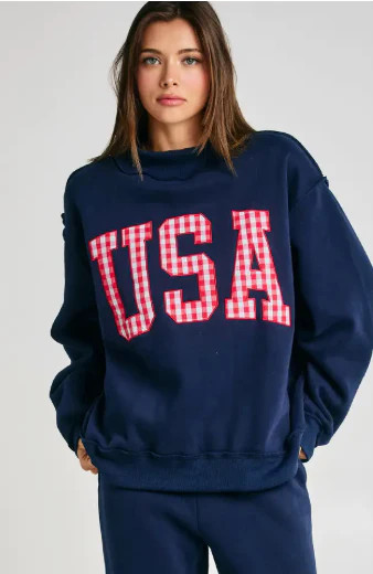 USA Embroidered Gingham Mockneck Pullover | The Collection Texas