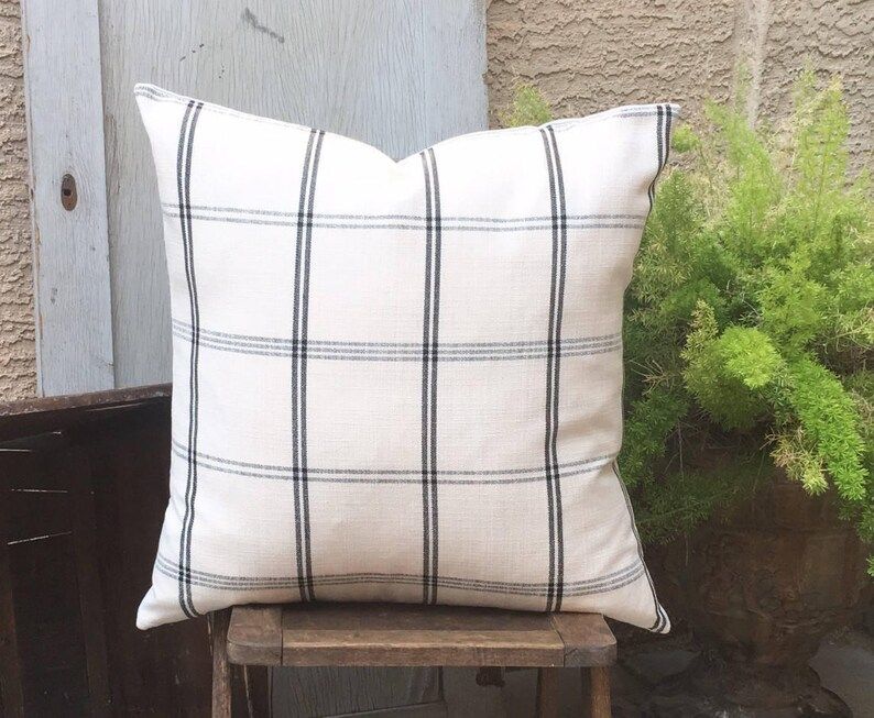 Woven Cotton Linen  Cream and Black  Windowpane Plaid  Pillow Cover  Designer  Fabric  Farmhouse ... | Etsy (US)