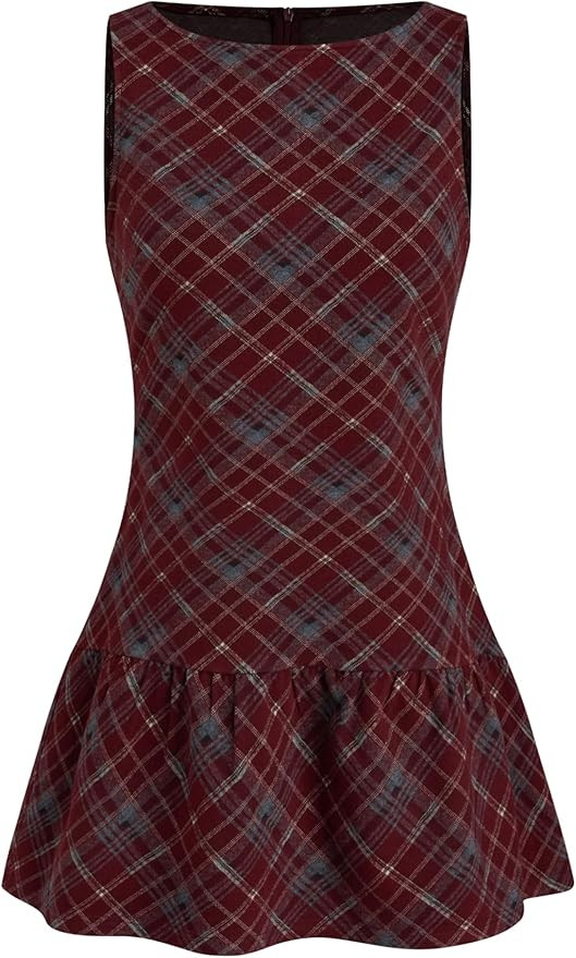CIDER Mini Dress A Line Plaid Ruffle Hem Sleeveless Low Waist Boat Neck Dress Party Casual Date | Amazon (US)