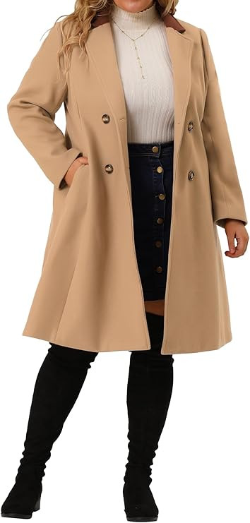Agnes Orinda Plus Size Long Coats for Women Notched Lapel Winter Warm Double Breasted Coat | Amazon (US)