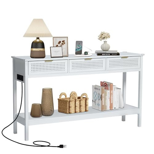 Entryway Table with Storage, Narrow Console Table with Drawers, 55.12'' Couch Table Behind Sofa Long and Skinny with Outlet for Living Room TV, Hallway Entrance Foyer, Wood White Metal Rattan | Amazon (US)