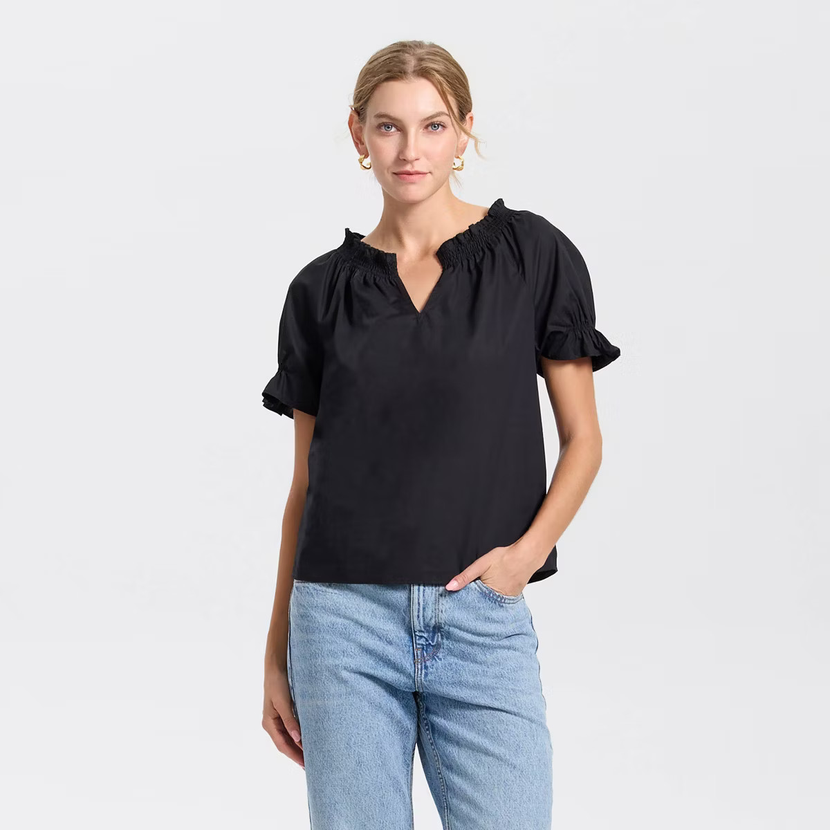 Women's Short Sleeve Smocked Blouse - Universal Thread™ Black L | Target