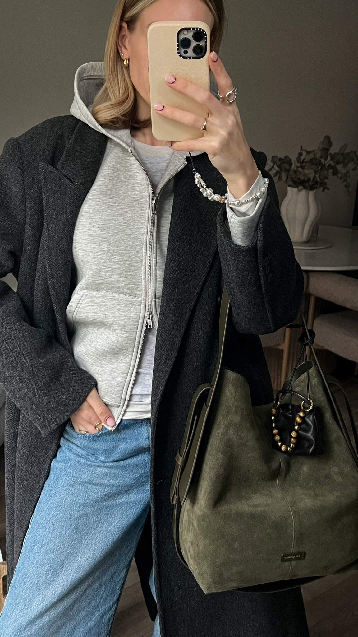 Grey hoody, blue jeans, green suede bag - Songmont love drippy tote - casual chic mum outfit 

#LTKeurope #LTKbag #LTKuk