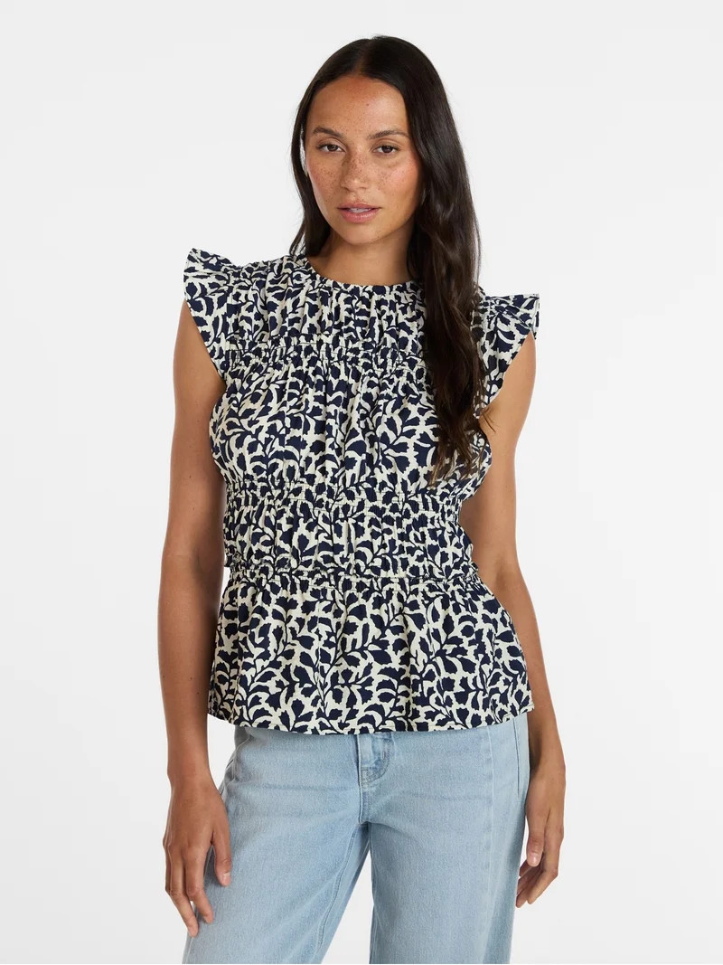 Time and Tru Women's Sleeveless Smocked Top with Ruffle Trim, Sizes XS-XXXL | Walmart (US)