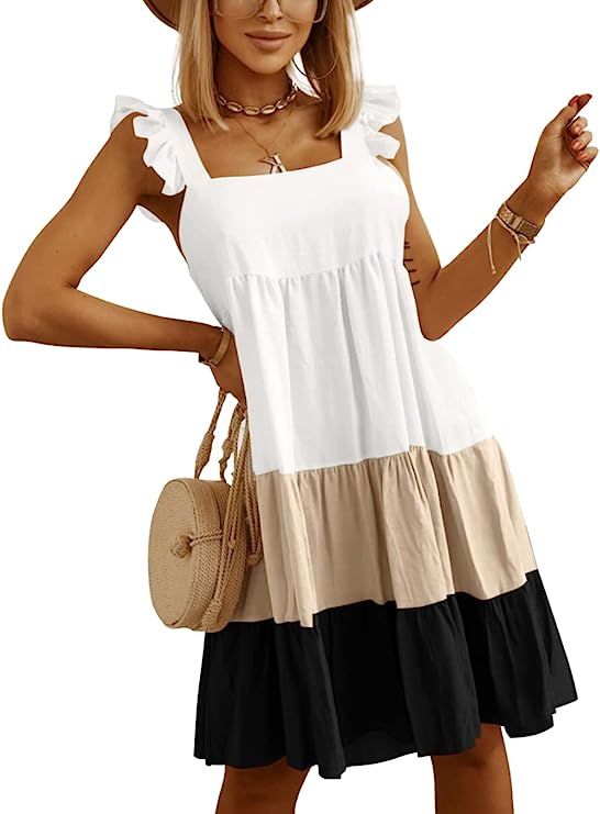 Imily Bela Womens Summer Flowy Tiered Dress Babydoll Color Block Casual Ruffle Strap Sundress Bla... | Amazon (US)