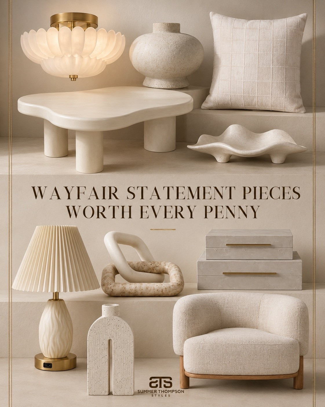These Wayfair pieces are doing so much heavy lifting 🤍 A sculptural coffee table, bouclé accent chair, travertine vases, and that pleated lamp. This is the organic modern refresh your space has been waiting for🤎

Summerthompsonstyles

#LTKHome #LTKSaleAlert
