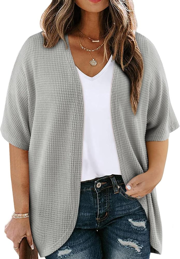 Eytino Womens Plus Size Cardigan Casual Short Sleeve Waffle Knit Kimono Open Front Tops(1X-5X) | Amazon (US)