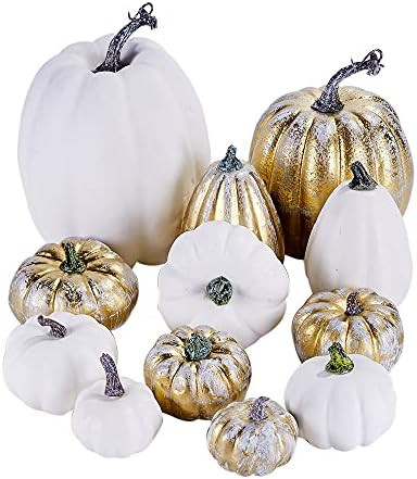 Artmag 12 Pcs Assorted Fall Artificial Pumpkins Large Harvest Frosted Gold Plating and White Pumpkin | Amazon (US)