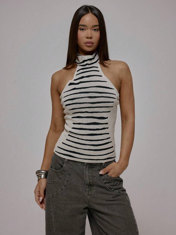 MUSERA Zebra Animal Print Knit High Neck Racer Fitted Sleeveless Top Fall Autum Winter Streetwear Cool Girl Y2K Everyday Casual Sepia Carnival Vacation | SHEIN