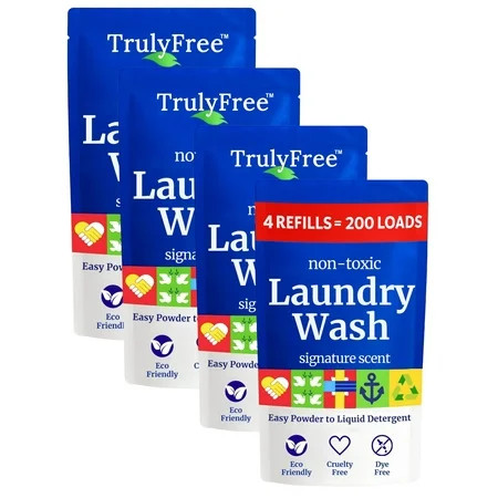Truly Free Laundry Detergent for Sensitive Skin | Gentle & Safe for Baby Clothes | Plant-Based | 4 Pack Refill Powder | Easy to Dissolve to Create a Liquid | Signature Wash Scented (200 Loads) | Walmart (US)