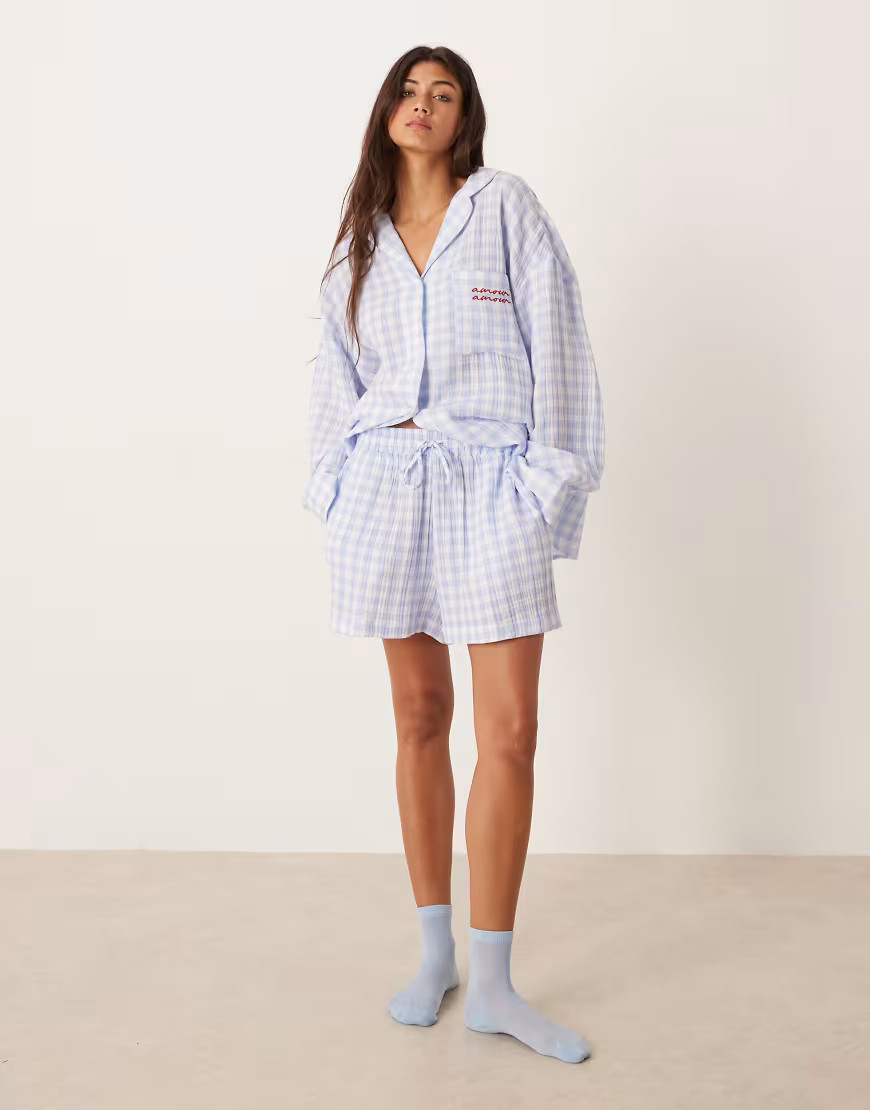 ASOS DESIGN cotton gauze embroidered long sleeve shirt & wide leg short pajama set in blue gingham-White | ASOS (Global)