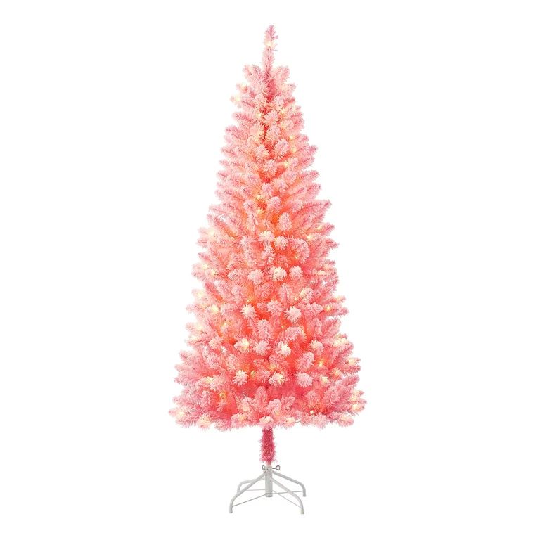 6.5 ft Pre-Lit Pink Flocked Pine Artificial Christmas Tree, 200 Clear Lights, Pink, by Holiday Ti... | Walmart (US)