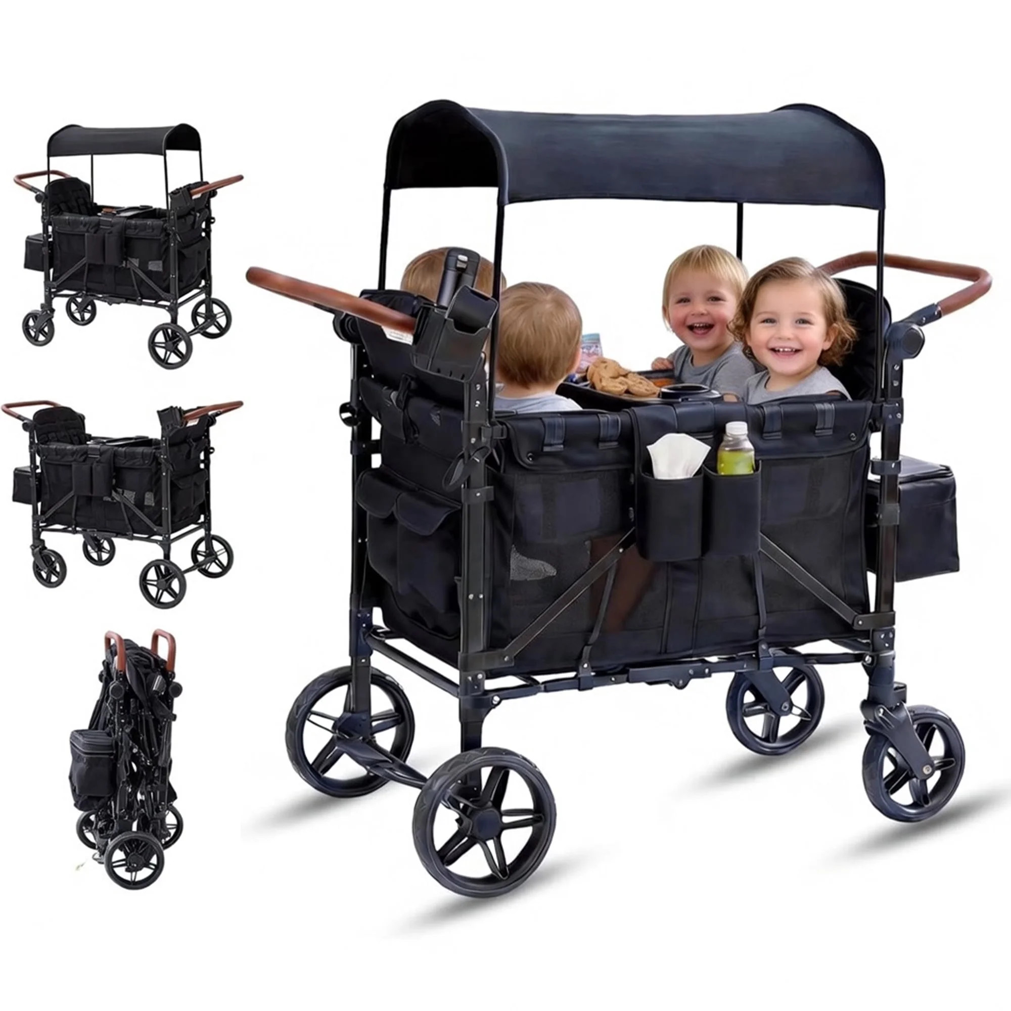 Wagon Stroller for 4 Kids, 4 Seater Stroller Wagon Foldable Featuring Dual Push Handles, Adjustab... | Walmart (US)