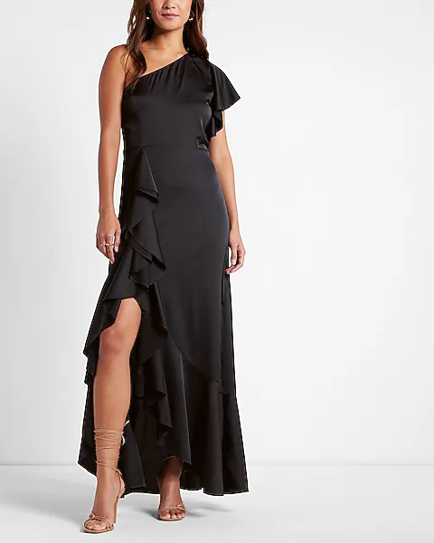 Satin One Shoulder Ruffle Maxi Dress | Express