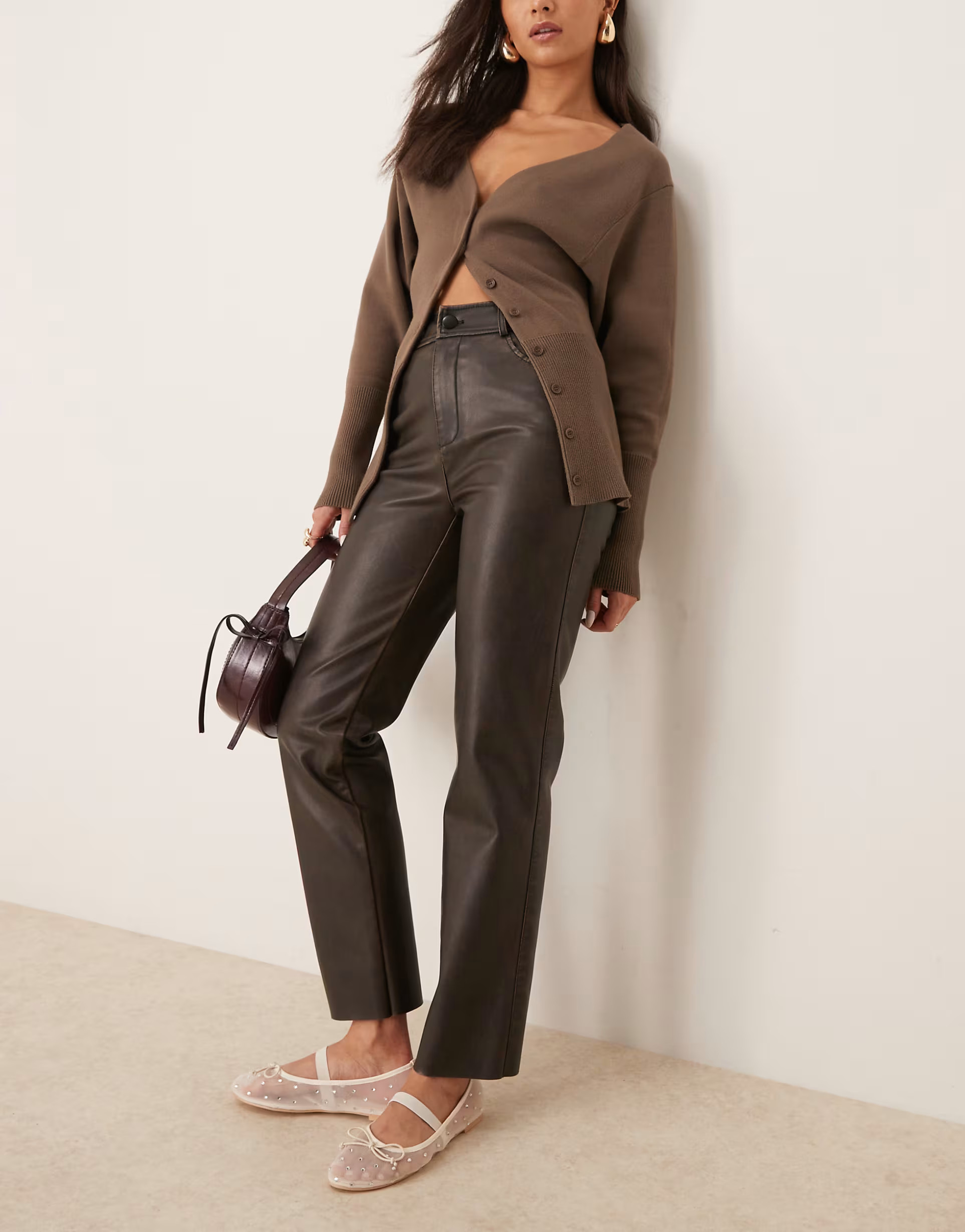 New Look PU straight leg trousers in washed brown | ASOS (Global)