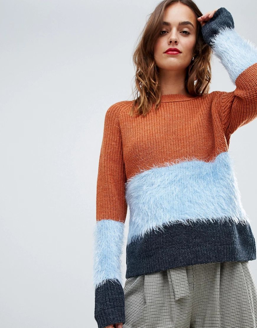 Y.A.S fluffy stripe color block knitted sweater-Multi | ASOS (Global)
