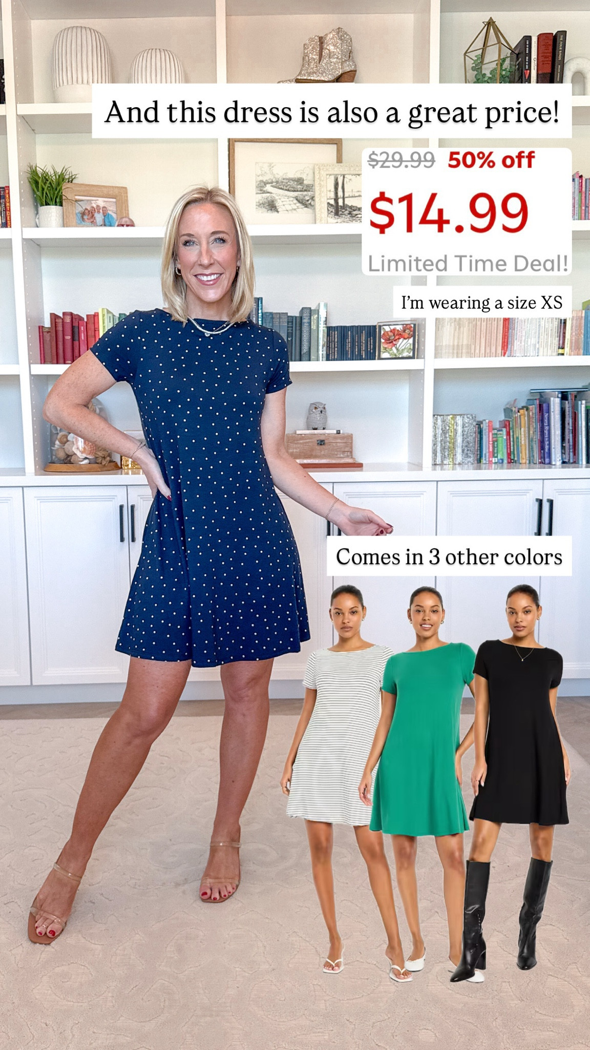 Swing dress on sale 50% off. Love the polka dots, but it also comes in a stripe option and some solid colors.

#LTKOver40 #LTKSeasonal #LTKSaleAlert