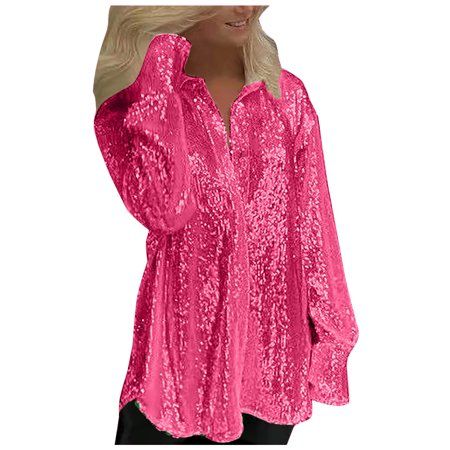 XFLWAM Sequin Button Down Shirt for Women Long Sleeve Sparkle Glitter Top Y2k Oversized Shimmer Stre | Walmart (US)