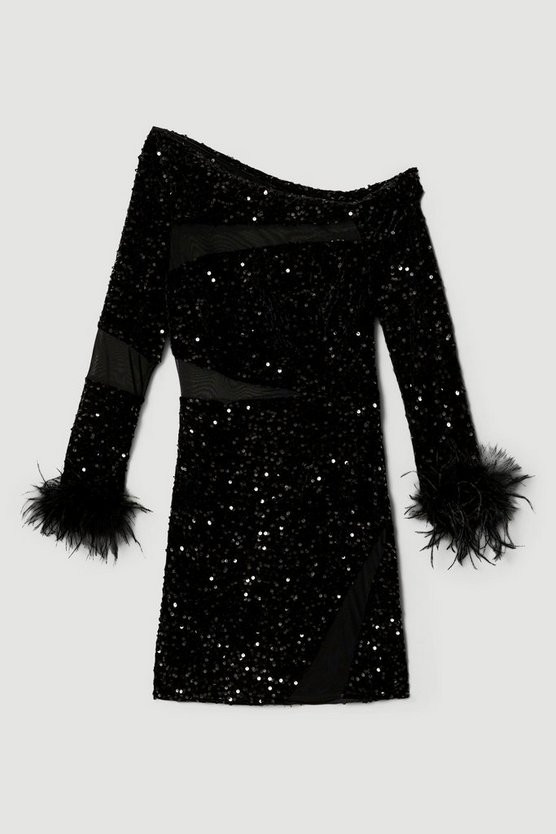 Sequin Velvet Mesh Detail Feather Cuff Jersey Mini Dress | Karen Millen UK + IE + DE + NL