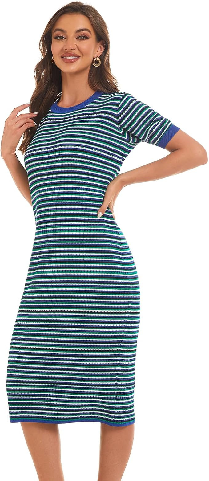 Women's Knit Dress Striped Bodycon Sweater Dress Chic Short Sleeve Slim Fit Midi Pullover Dresses... | Amazon (US)