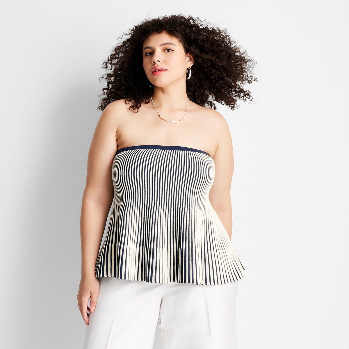 Women's Ribbed Peplum Sweater - Future Collective™ with Jenee Naylor Navy Blue/Cream Striped | Target