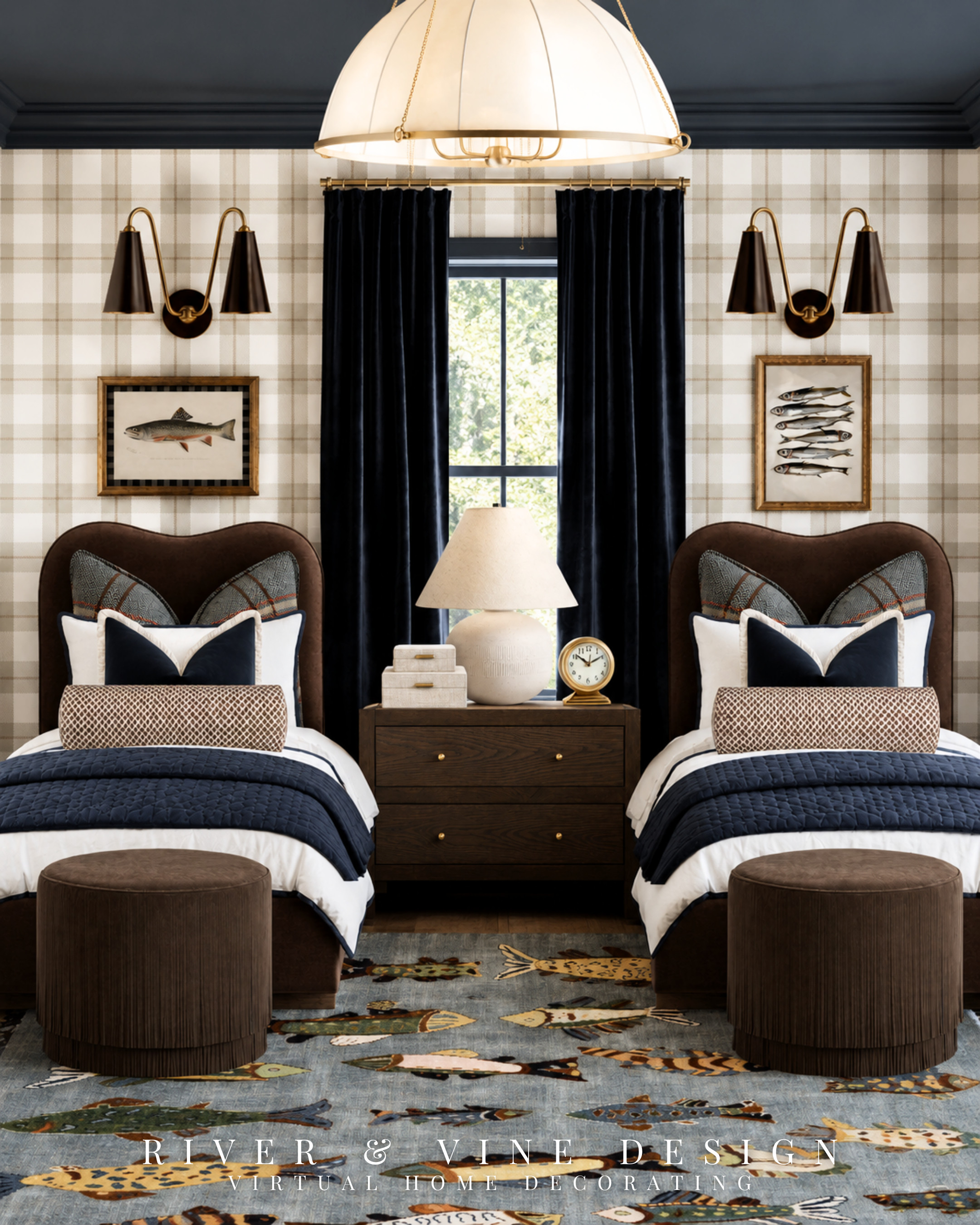 Same room, two completely different moods—and the wall treatment changes everything.

The plaid wallpaper gives this twin bedroom a lighter, more layered feel, while the color-drenched blue walls and detailed picture molding create a richer, more enveloping look. Repeating the navy through the ceiling, curtains, quilts, and pillows keeps both versions cohesive, while the brown velvet beds and playful fish rug add warmth and character.

Which do you prefer for this room: the wallpaper or the color drenching?

modern traditional twin bedroom, color drenched bedroom, plaid bedroom wallpaper, blue picture molding, boys shared bedroom ideas, navy blue bedroom decor, layered twin bed styling, traditional kids bedroom

I may receive a commission from purchases made through my links.

#LTKHome #LTKKids