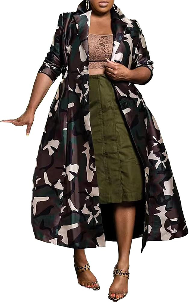 SOMTHRON Women's Camo Blazer Jacket Lapel Long Sleeve Button Down Trench Coat Camouflage Overcoat... | Amazon (US)