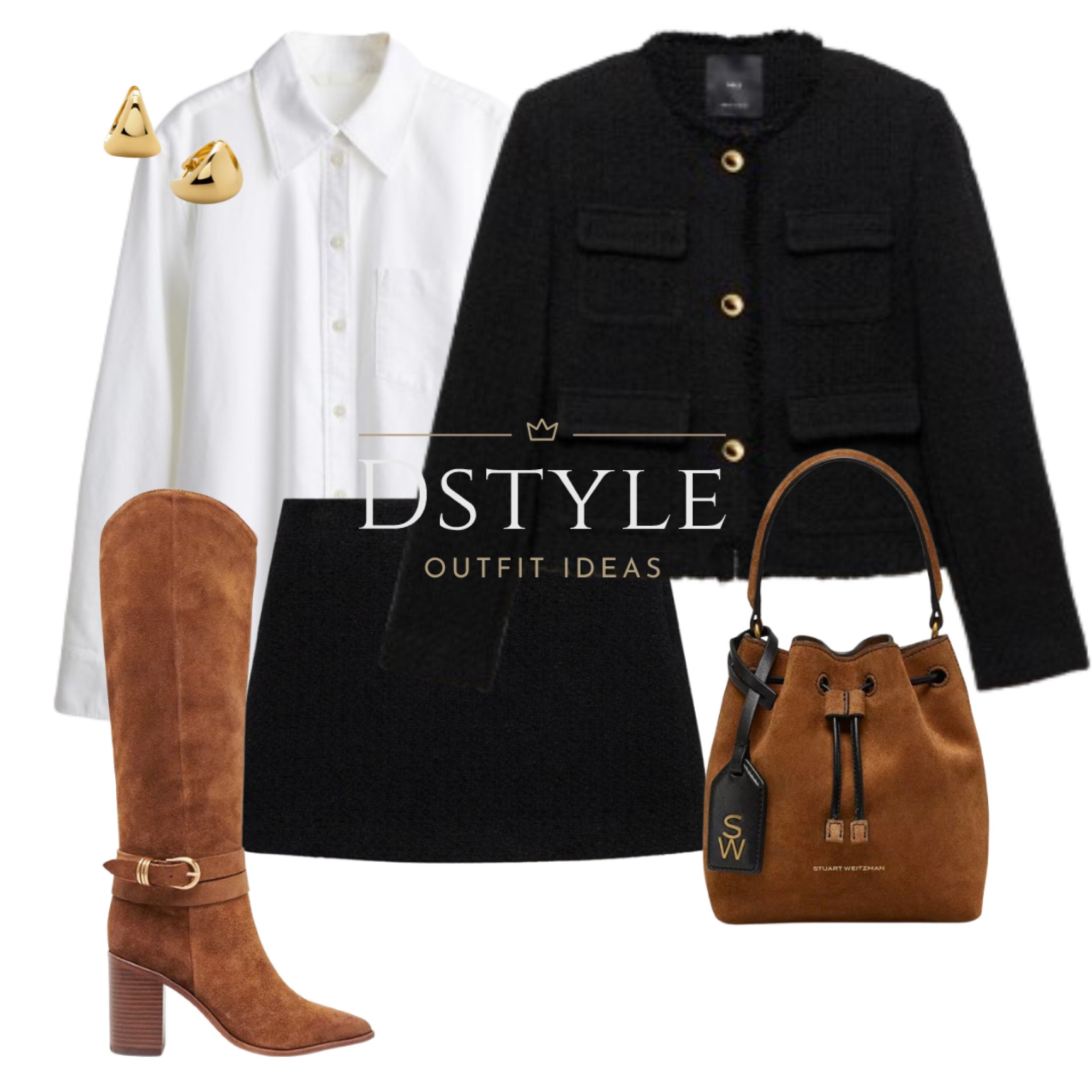 White shirt, black tweed jacket with pockets, matching black short tweed skirt, brown suede boots, brown suede bag, fall workwear, neutral outfit

#LTKItBag #LTKWorkwear #LTKShoeCrush